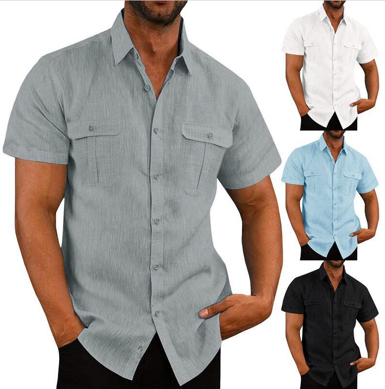 Men's Summer Casual Vacation Double-Pocket Collared Cotton-Linen Short-Sleeve Shirt