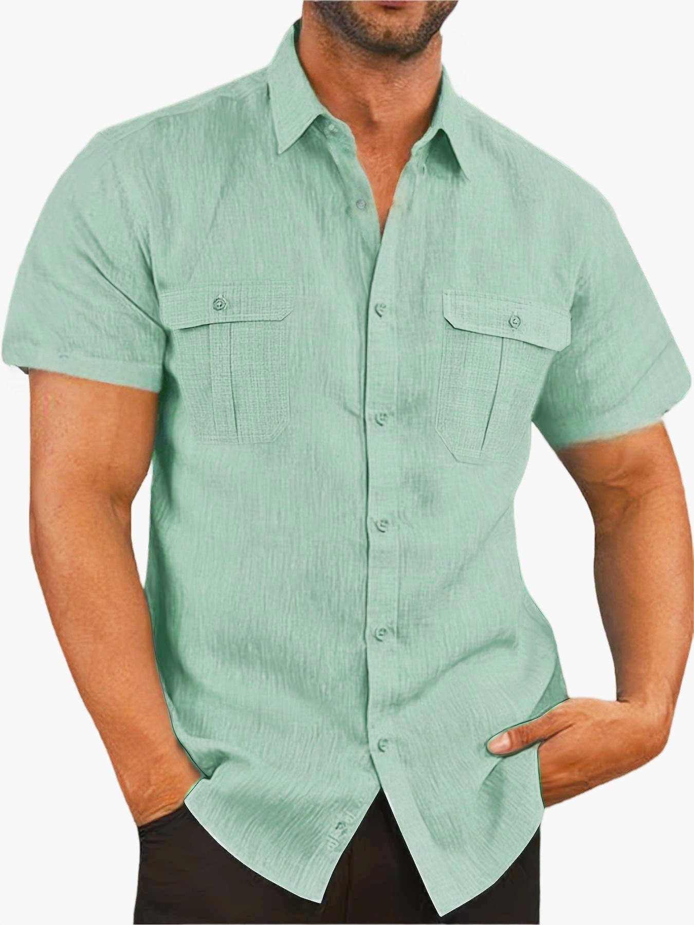 Men's Summer Casual Vacation Double-Pocket Collared Cotton-Linen Short-Sleeve Shirt