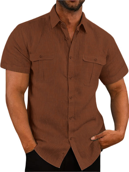 Men's Summer Casual Vacation Double-Pocket Collared Cotton-Linen Short-Sleeve Shirt