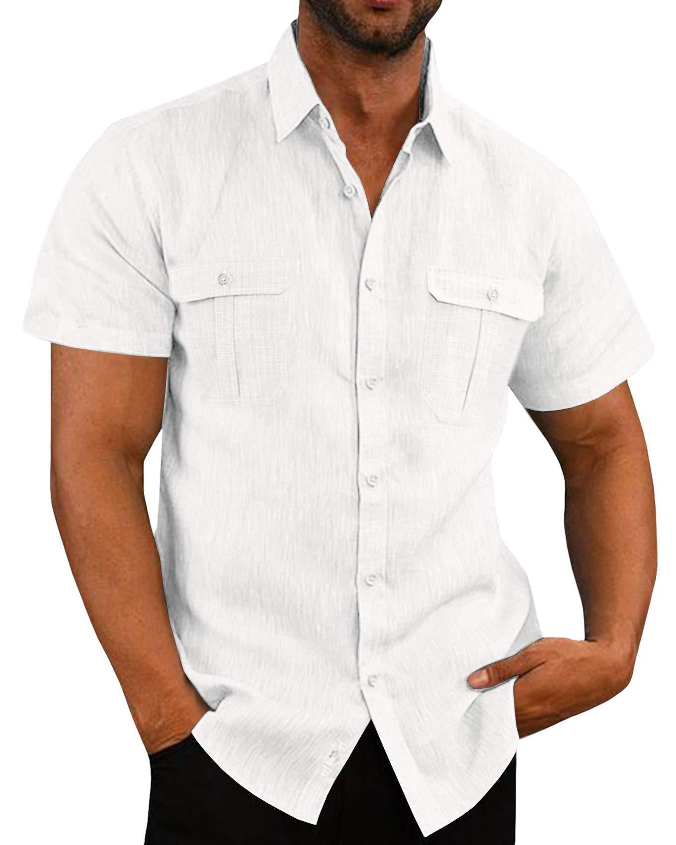 Men's Summer Casual Vacation Double-Pocket Collared Cotton-Linen Short-Sleeve Shirt