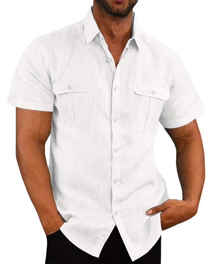 Men's Summer Casual Vacation Double-Pocket Collared Cotton-Linen Short-Sleeve Shirt