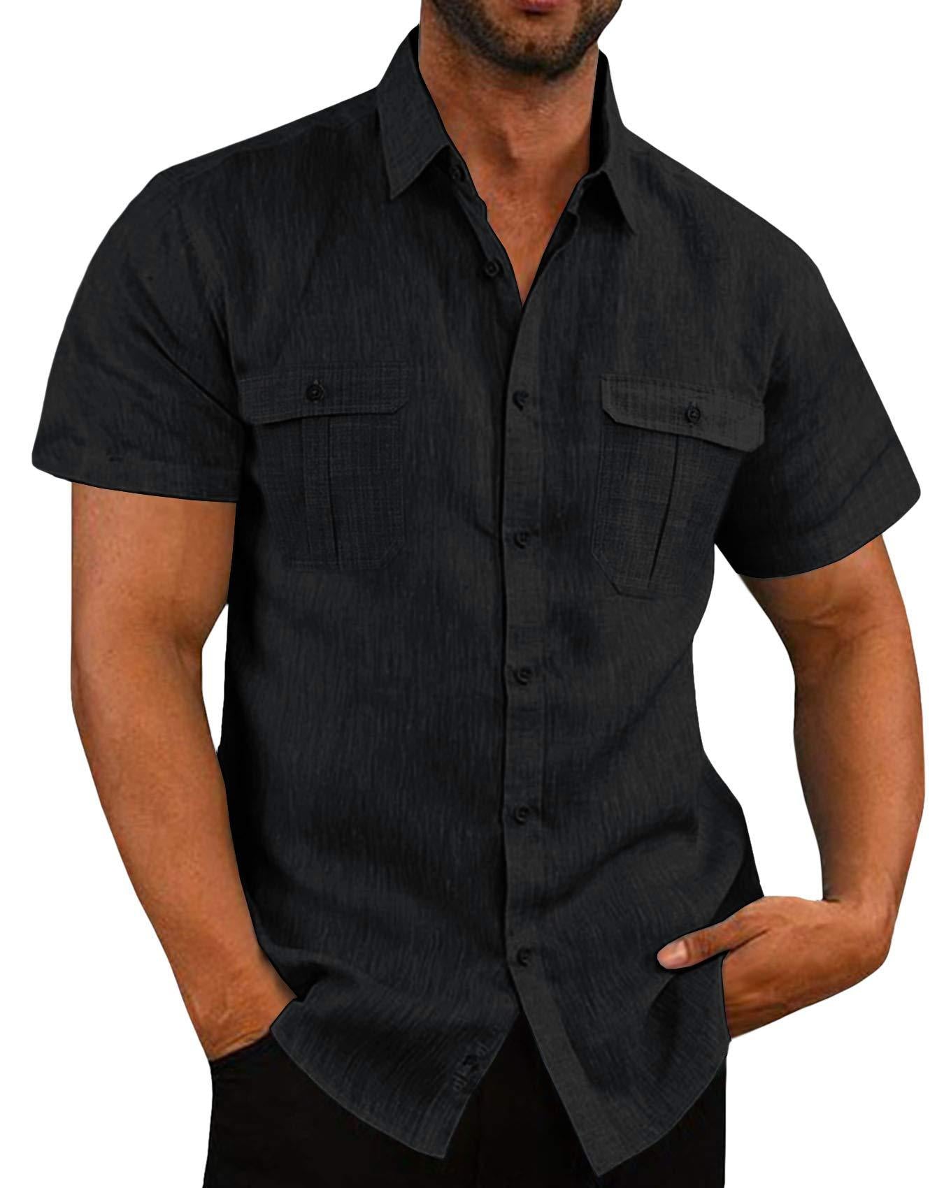 Men's Summer Casual Vacation Double-Pocket Collared Cotton-Linen Short-Sleeve Shirt