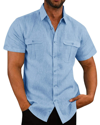 Men's Summer Casual Vacation Double-Pocket Collared Cotton-Linen Short-Sleeve Shirt