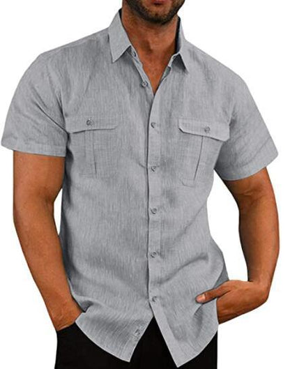 Men's Summer Casual Vacation Double-Pocket Collared Cotton-Linen Short-Sleeve Shirt