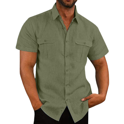 Men's Summer Casual Vacation Double-Pocket Collared Cotton-Linen Short-Sleeve Shirt