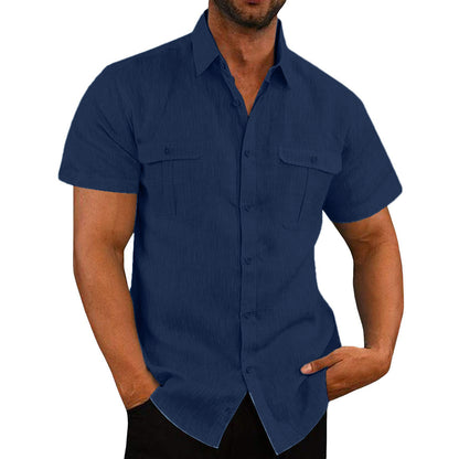 Men's Summer Casual Vacation Double-Pocket Collared Cotton-Linen Short-Sleeve Shirt