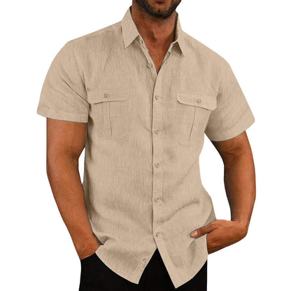 Men's Summer Casual Vacation Double-Pocket Collared Cotton-Linen Short-Sleeve Shirt