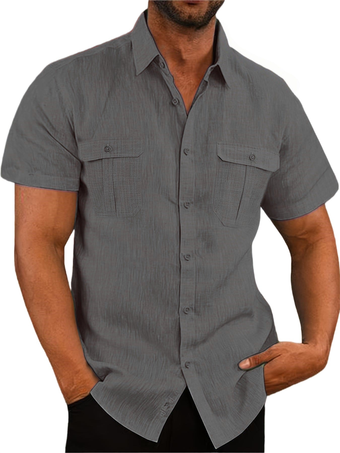 Men's Summer Casual Vacation Double-Pocket Collared Cotton-Linen Short-Sleeve Shirt