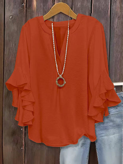 🔥Plus Size Women's Ruffle Sleeve V-Neck Shirt, Elegant Floral Design, Comfortable and Stylish, Perfect for Casual Wear