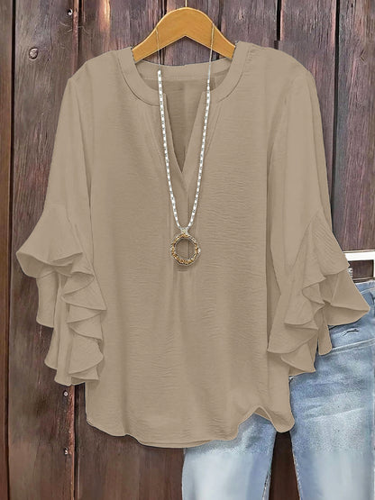 🔥Plus Size Women's Ruffle Sleeve V-Neck Shirt, Elegant Floral Design, Comfortable and Stylish, Perfect for Casual Wear