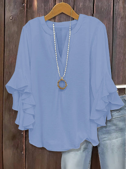 🔥Plus Size Women's Ruffle Sleeve V-Neck Shirt, Elegant Floral Design, Comfortable and Stylish, Perfect for Casual Wear