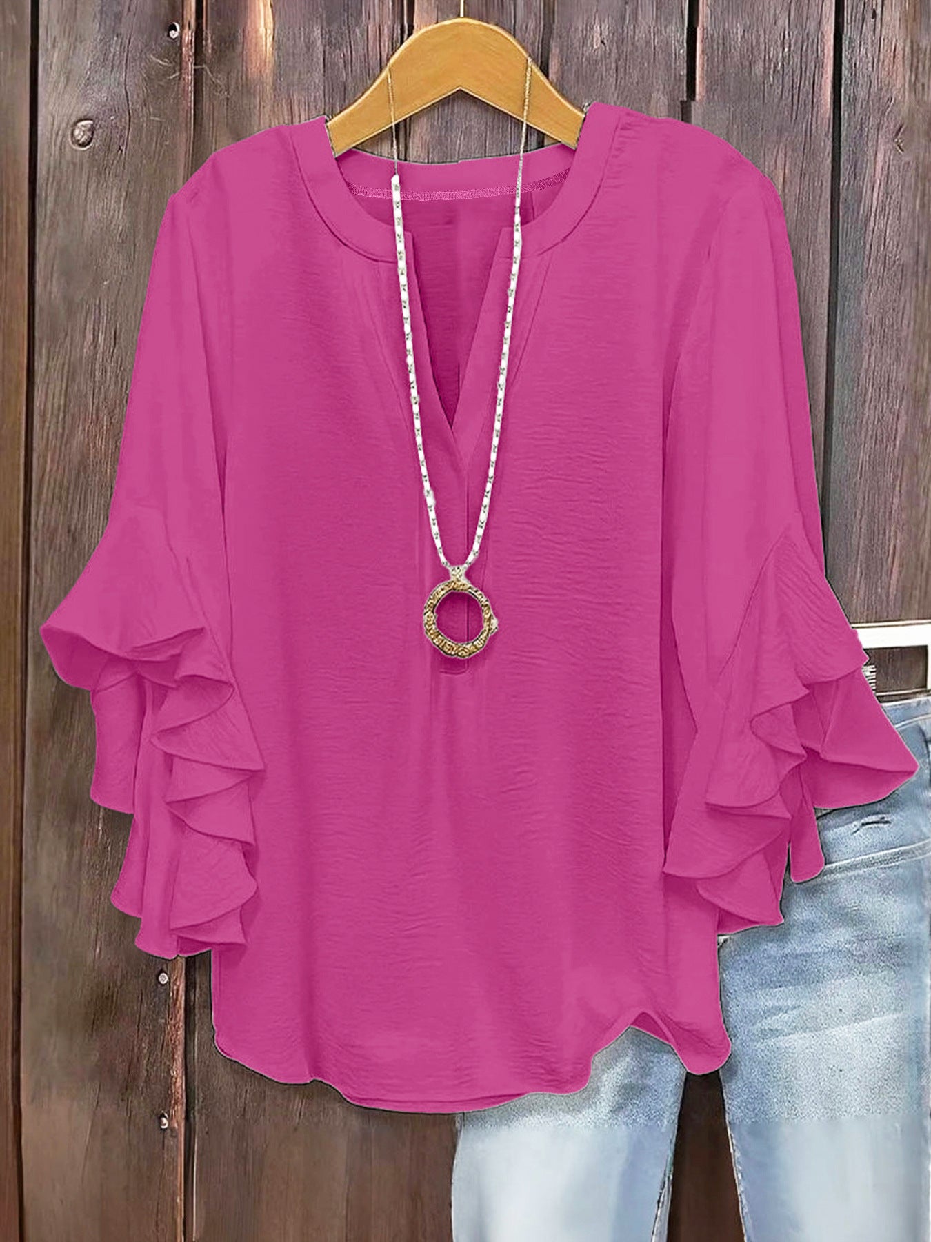 🔥Plus Size Women's Ruffle Sleeve V-Neck Shirt, Elegant Floral Design, Comfortable and Stylish, Perfect for Casual Wear