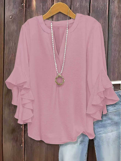 🔥Plus Size Women's Ruffle Sleeve V-Neck Shirt, Elegant Floral Design, Comfortable and Stylish, Perfect for Casual Wear