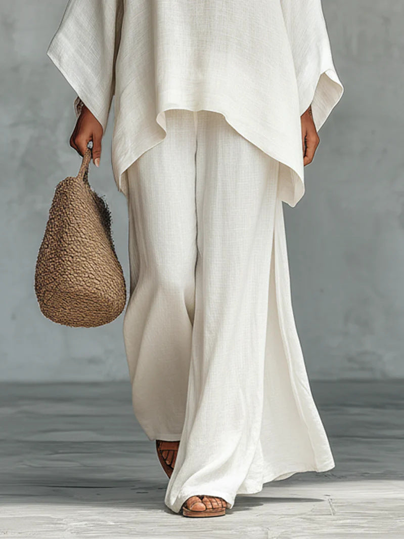 Women's Loose Two-Piece Set, Minimalist Long Hoodie Top + Wide Leg Pants