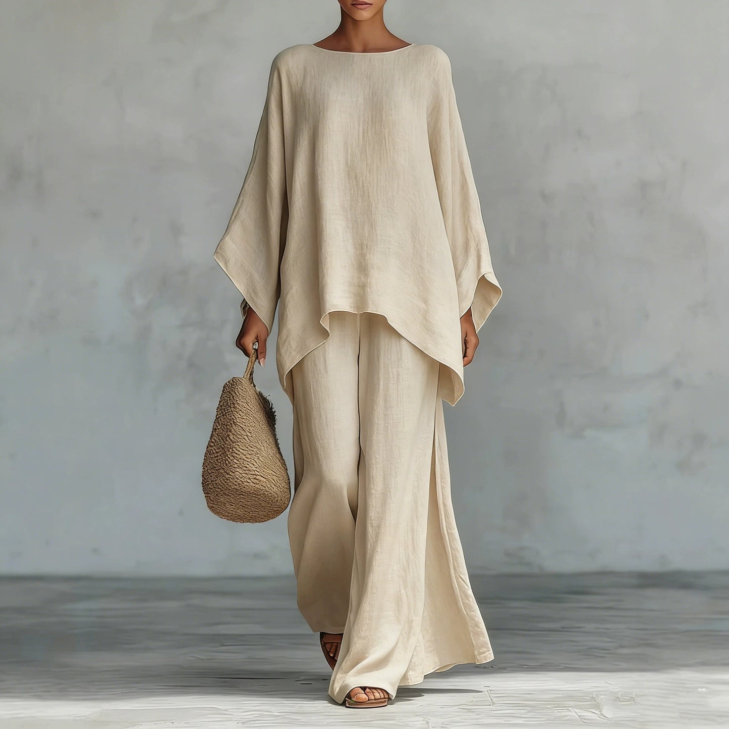 Women's Loose Two-Piece Set, Minimalist Long Hoodie Top + Wide Leg Pants
