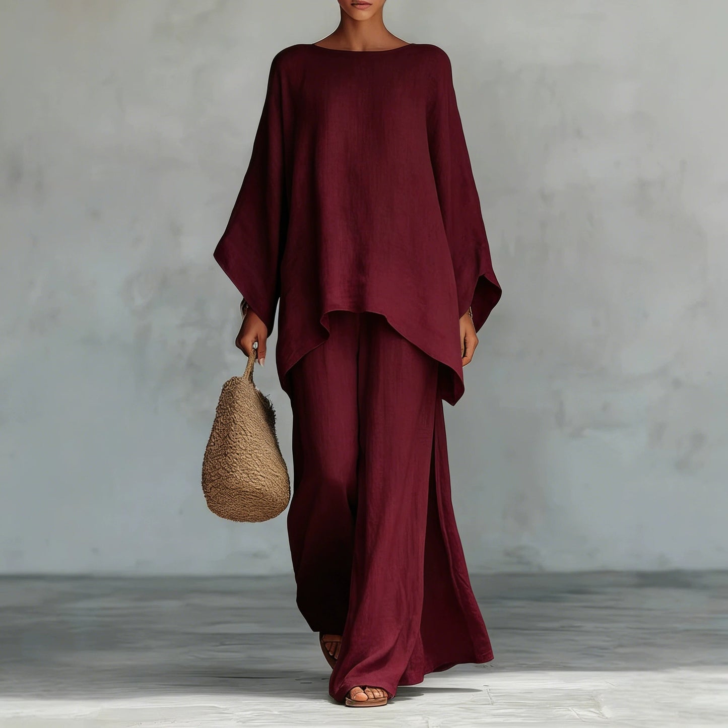 Women's Loose Two-Piece Set, Minimalist Long Hoodie Top + Wide Leg Pants