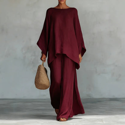 Women's Loose Two-Piece Set, Minimalist Long Hoodie Top + Wide Leg Pants