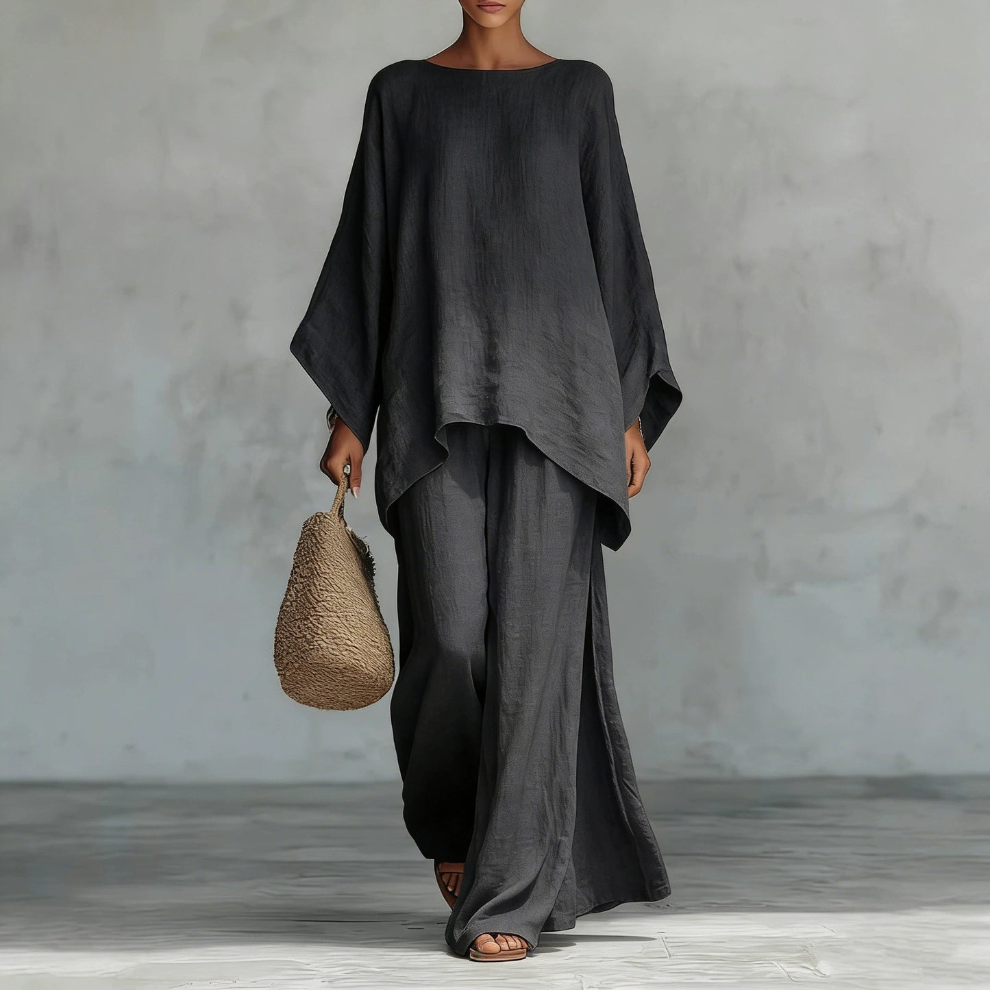 Women's Loose Two-Piece Set, Minimalist Long Hoodie Top + Wide Leg Pants