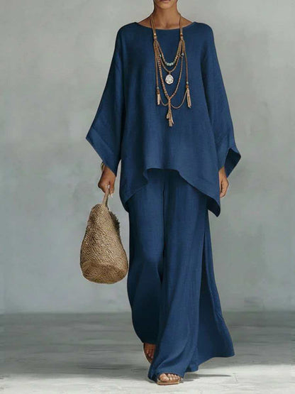 Women's Loose Two-Piece Set, Minimalist Long Hoodie Top + Wide Leg Pants