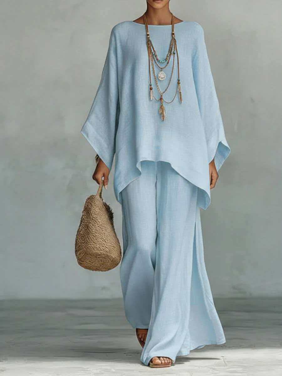Women's Loose Two-Piece Set, Minimalist Long Hoodie Top + Wide Leg Pants