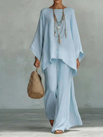 Women's Loose Two-Piece Set, Minimalist Long Hoodie Top + Wide Leg Pants