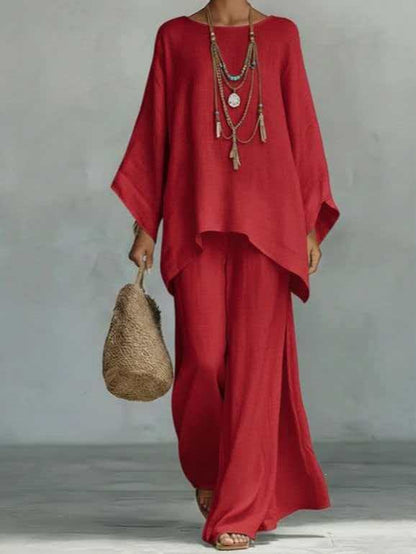 Women's Loose Two-Piece Set, Minimalist Long Hoodie Top + Wide Leg Pants